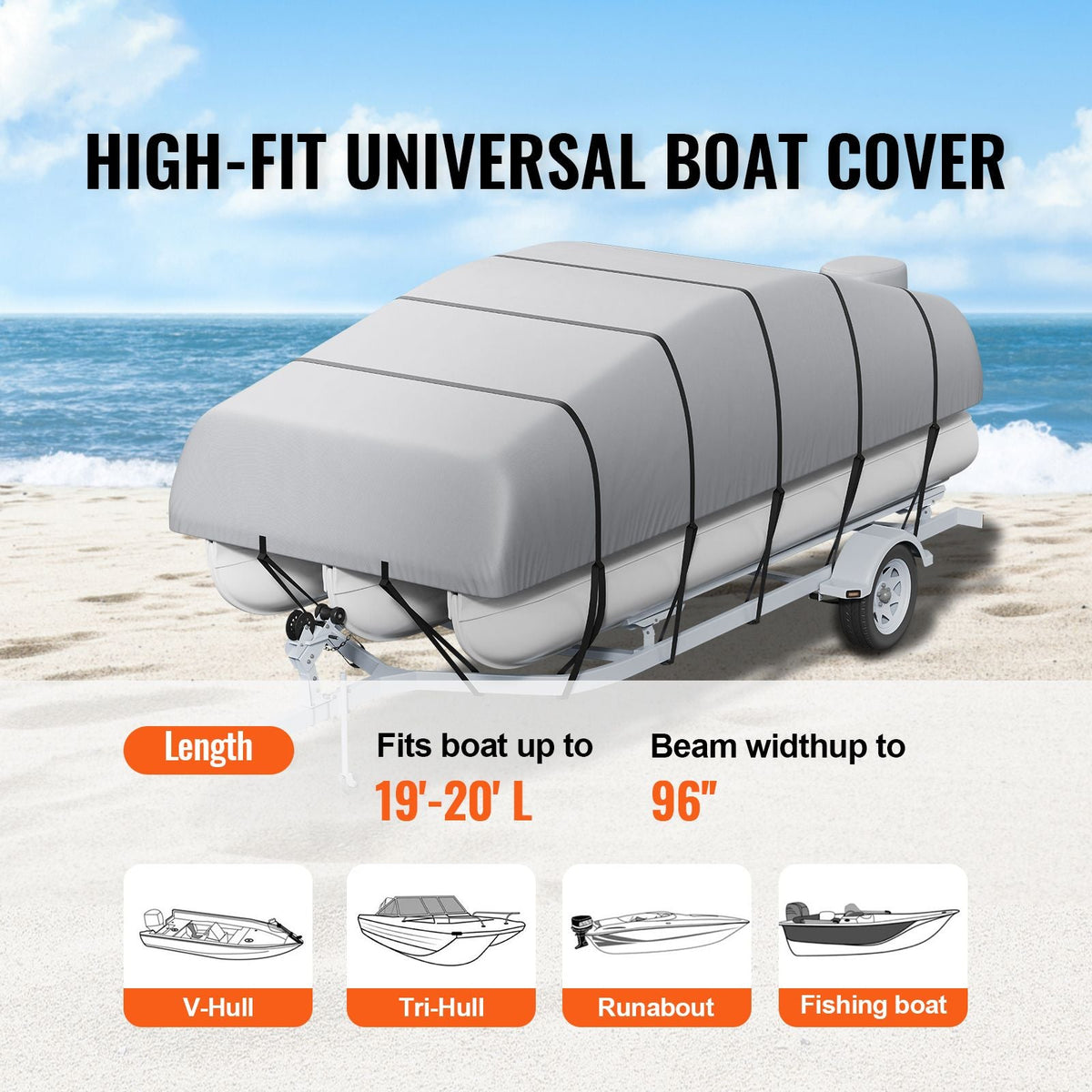 Pontoon Boat Cover, 19'-20' Waterproof Trailerable Pontoon Cover, 800D Marine Grade PU Oxford Fabric, with Motor Cover, 16 Windproof Buckle Straps, Fits for 19'-20'L, Beam Width to 96", Grey