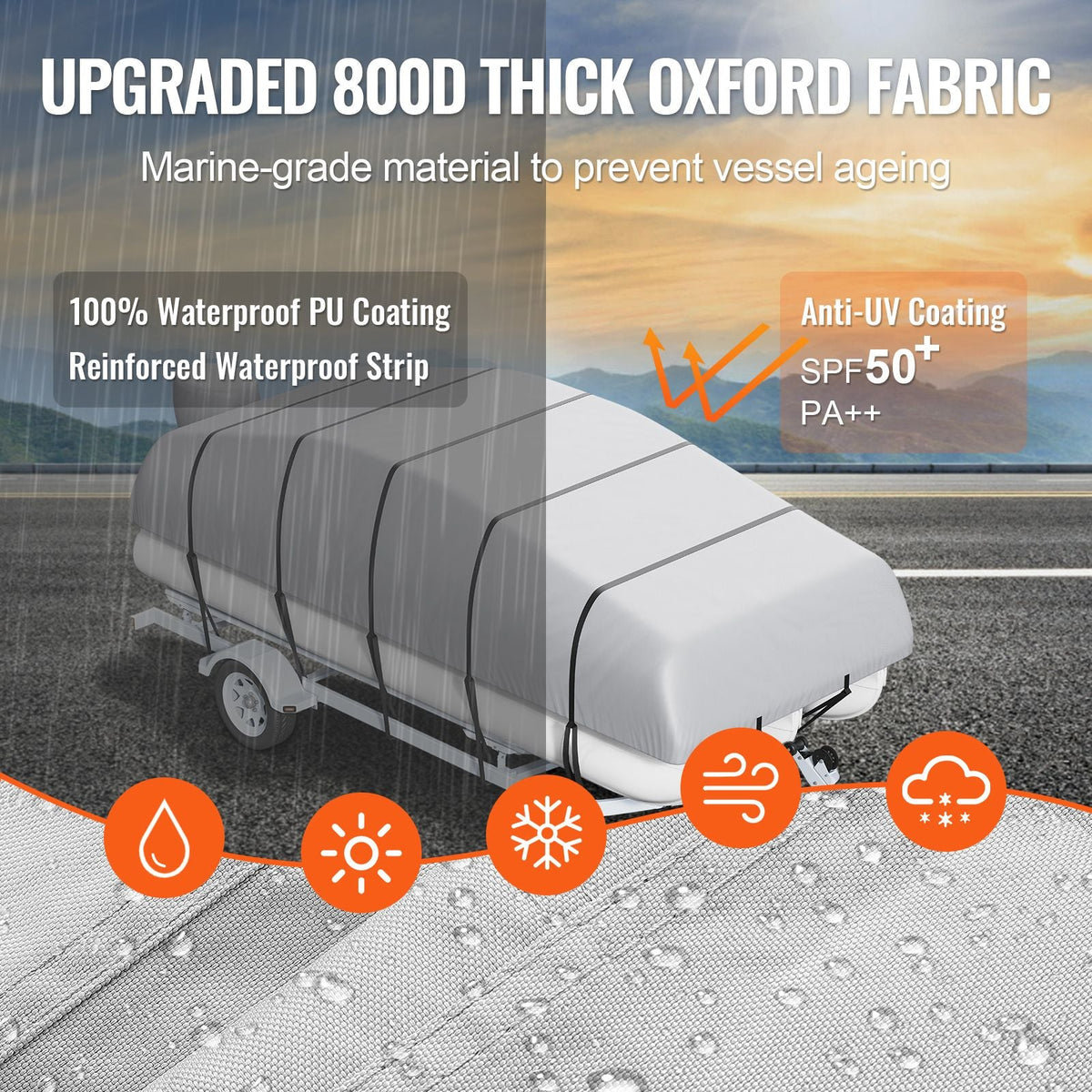 Pontoon Boat Cover, 19'-20' Waterproof Trailerable Pontoon Cover, 800D Marine Grade PU Oxford Fabric, with Motor Cover, 16 Windproof Buckle Straps, Fits for 19'-20'L, Beam Width to 96", Grey