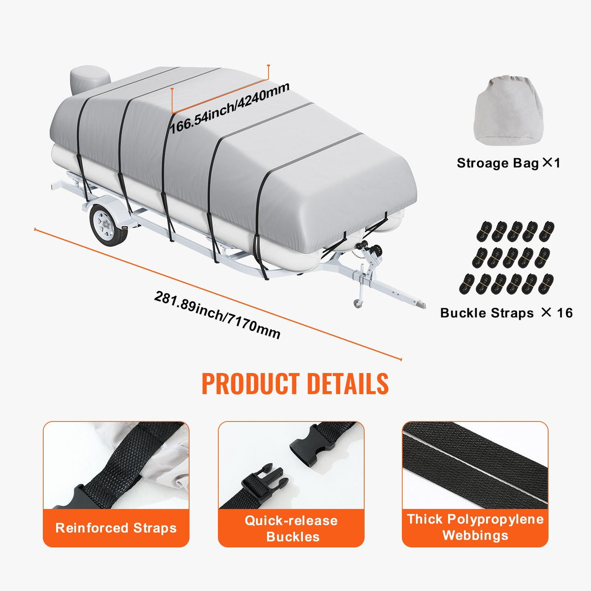 Pontoon Boat Cover, 19'-20' Waterproof Trailerable Pontoon Cover, 800D Marine Grade PU Oxford Fabric, with Motor Cover, 16 Windproof Buckle Straps, Fits for 19'-20'L, Beam Width to 96", Grey