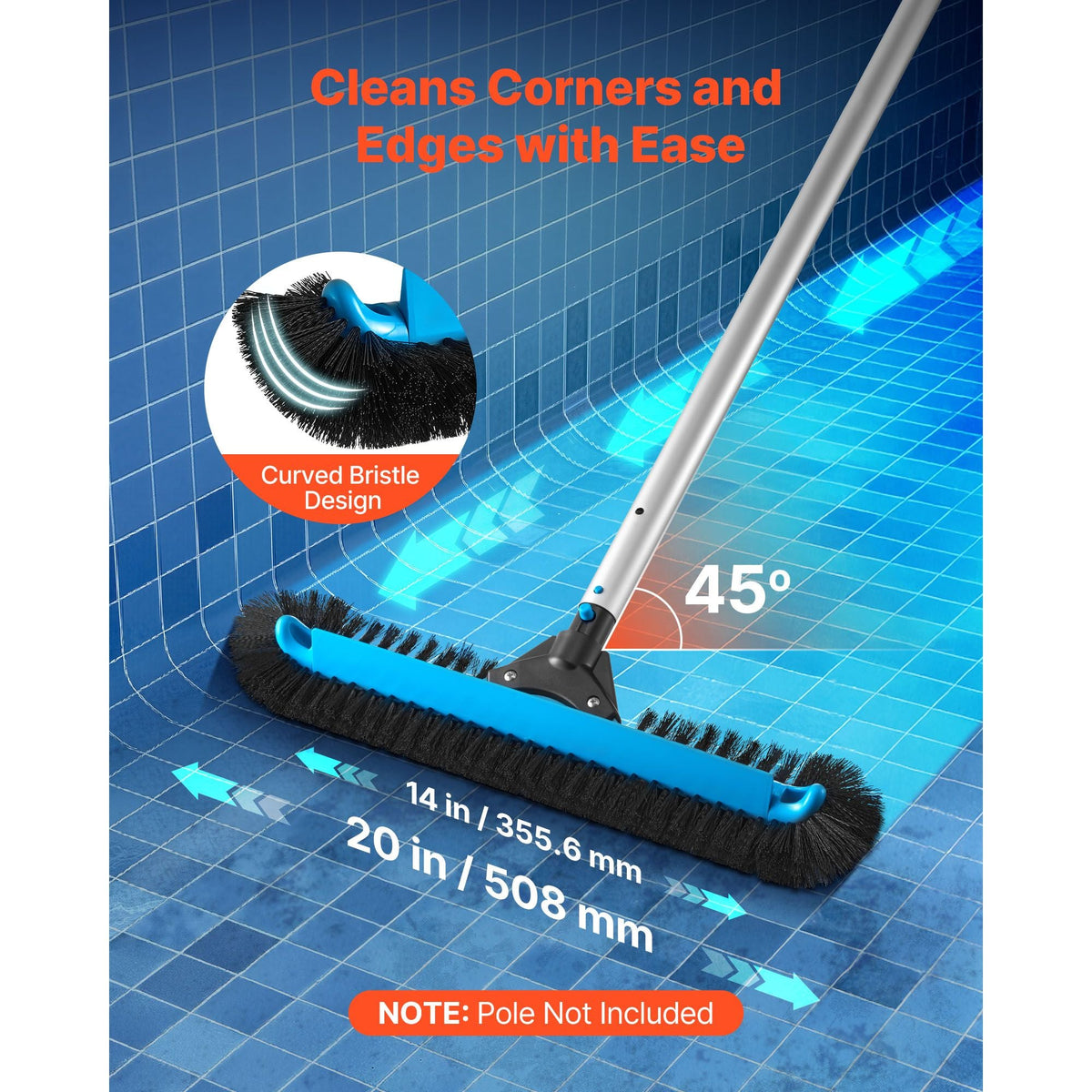 Pool Brush Head, 20 Inch Scrub Brushes with Nylon Bristles and Aluminum Pole Connector, Heavy Duty Curved Brush Head for Cleaning Inground/Above Ground Swimming Pool Walls, Pole Not Included