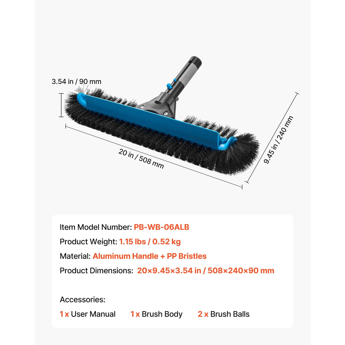 Pool Brush Head, 20 Inch Scrub Brushes with Nylon Bristles and Aluminum Pole Connector, Heavy Duty Curved Brush Head for Cleaning Inground/Above Ground Swimming Pool Walls, Pole Not Included