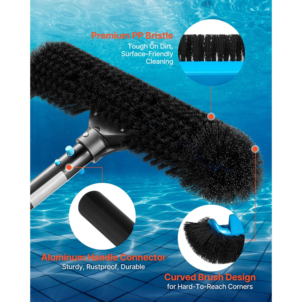 Pool Brush Head, 20 Inch Scrub Brushes with Nylon Bristles and Aluminum Pole Connector, Heavy Duty Curved Brush Head for Cleaning Inground/Above Ground Swimming Pool Walls, Pole Not Included