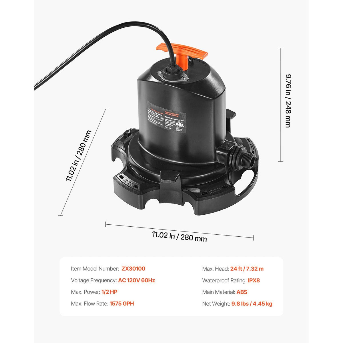 Pool Cover Pump, 1/2 HP 1575 GPH, 120V Submersible Swimming Pool Cover Pump with 25 ft Power Cord, 24 ft Max Head Lift, Water Removal and Transfer Pump, for Pool Draining Inflatable Water Parks