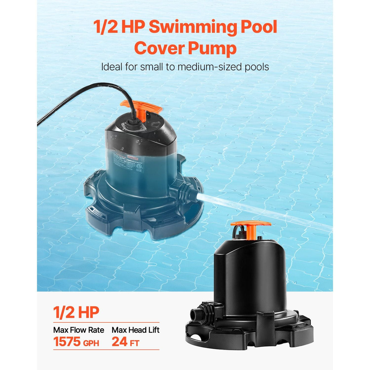 Pool Cover Pump, 1/2 HP 1575 GPH, 120V Submersible Swimming Pool Cover Pump with 25 ft Power Cord, 24 ft Max Head Lift, Water Removal and Transfer Pump, for Pool Draining Inflatable Water Parks