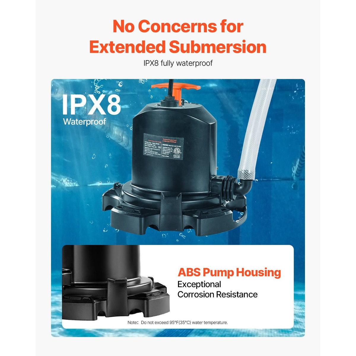 Pool Cover Pump, 1/2 HP 1575 GPH, 120V Submersible Swimming Pool Cover Pump with 25 ft Power Cord, 24 ft Max Head Lift, Water Removal and Transfer Pump, for Pool Draining Inflatable Water Parks