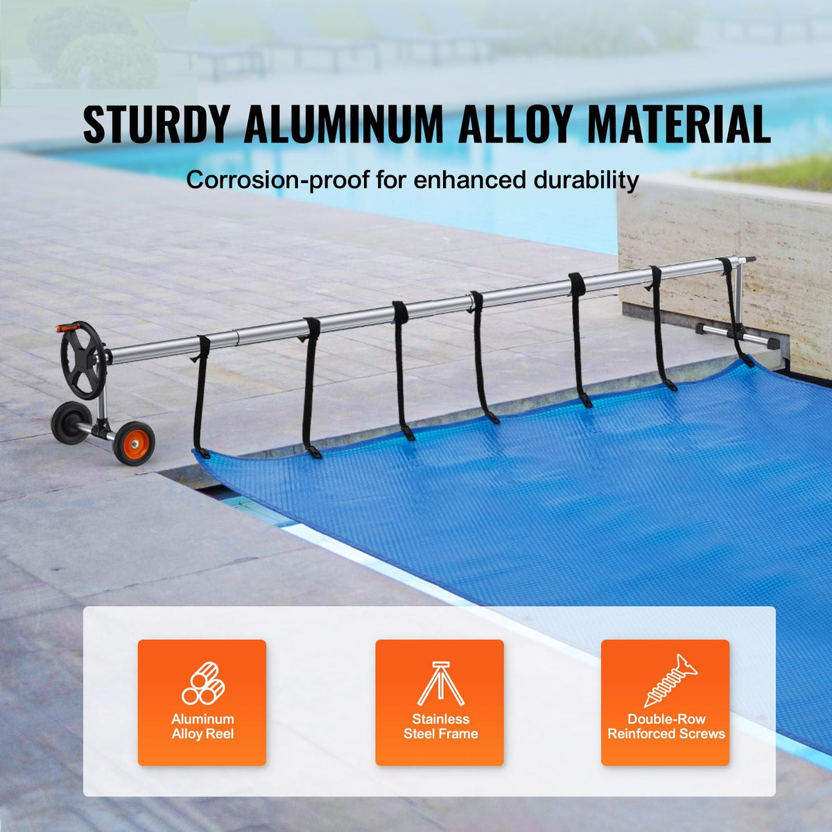Pool Cover Reel, Aluminum Solar Cover Reel 18 ft, Inground Swimming Pool Cover Reel Set with Rubber Wheels and Sandbags, Fits for 4-18 ft Width Swimming Pools