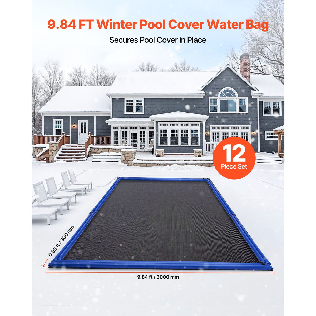 Pool Cover Water Bags, 12 Packs 10 Ft, Double Chamber Pool Cover Water Tubes, 0.4mm Thick PVC Bags Weights with Leakproof Screw Cap, for Inground Swimming-Pool Covers Winter Closing, Blue