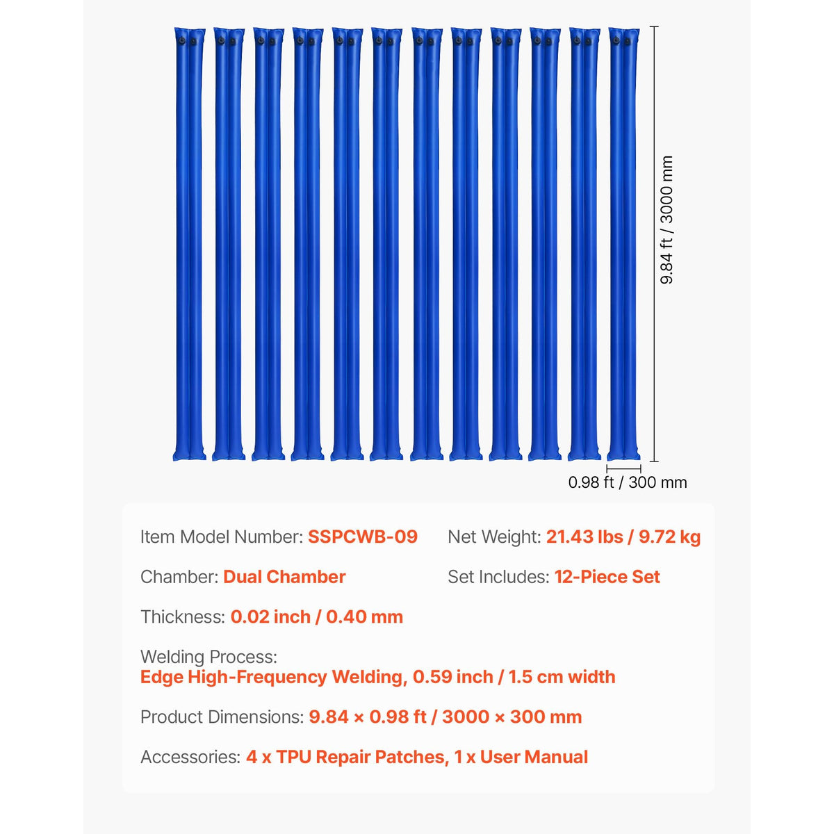 Pool Cover Water Bags, 12 Packs 10 Ft, Double Chamber Pool Cover Water Tubes, 0.4mm Thick PVC Bags Weights with Leakproof Screw Cap, for Inground Swimming-Pool Covers Winter Closing, Blue