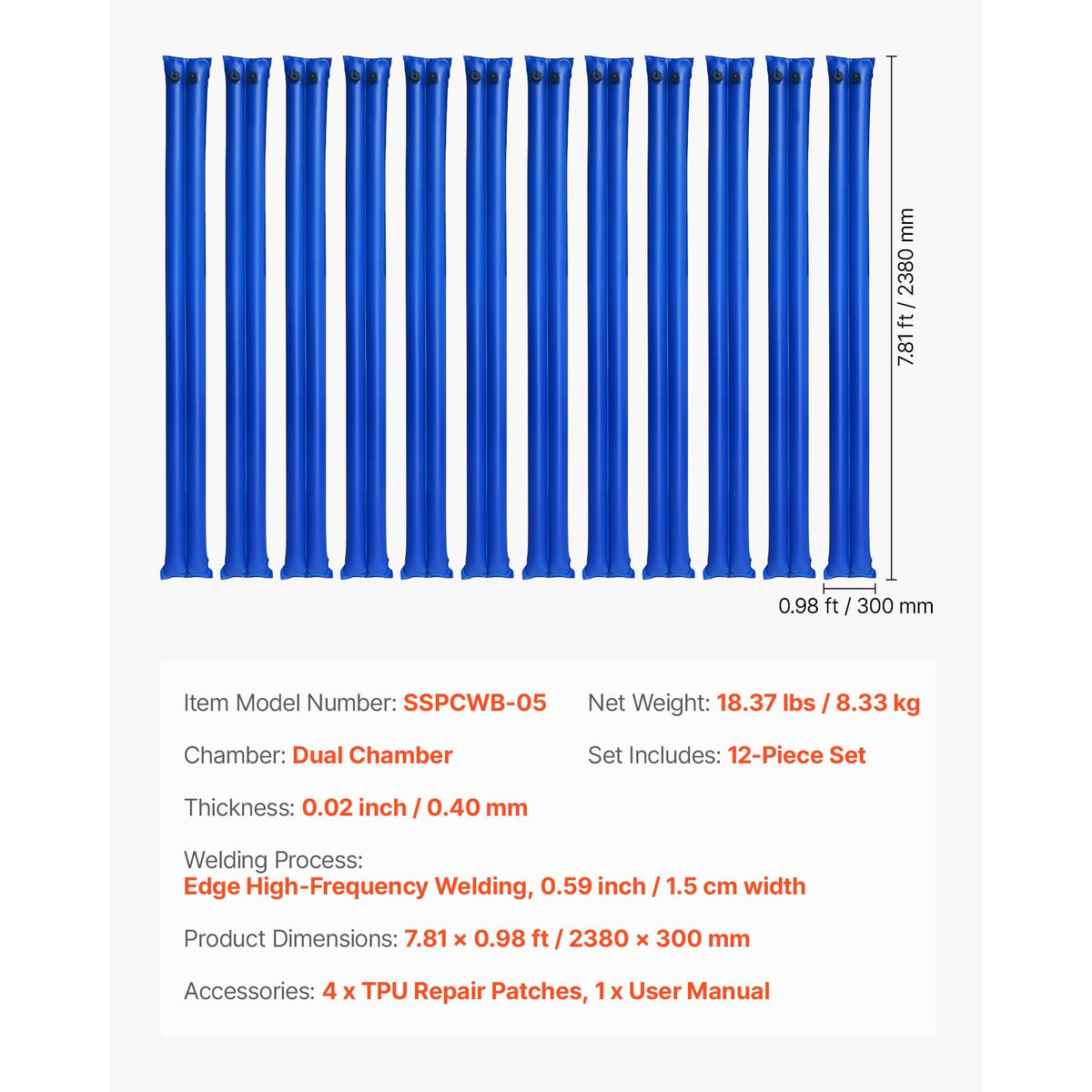 Pool Cover Water Bags, 12 Packs 8 Ft, Double Chamber Pool Cover Water Tubes, 0.4mm Thick PVC Bags Weights with Leakproof Screw Cap, for Inground Swimming-Pool Covers Winter Closing, Blue