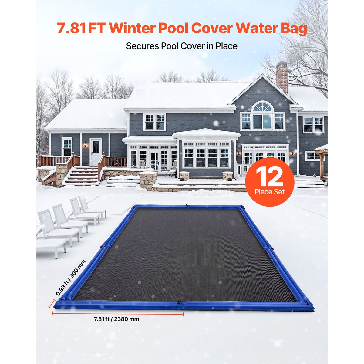 Pool Cover Water Bags, 12 Packs 8 Ft, Double Chamber Pool Cover Water Tubes, 0.4mm Thick PVC Bags Weights with Leakproof Screw Cap, for Inground Swimming-Pool Covers Winter Closing, Blue