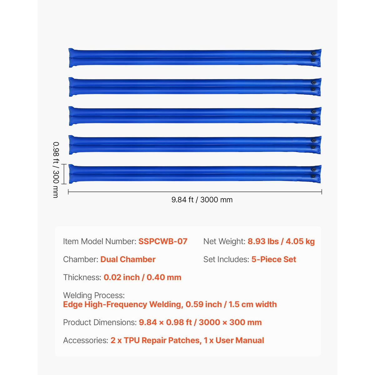 Pool Cover Water Bags, 5 Packs 10 Ft, Double Chamber Pool Cover Water Tubes, 0.4mm Thick PVC Bags Weights with Leakproof Screw Cap, for Inground Swimming-Pool Covers Winter Closing, Blue