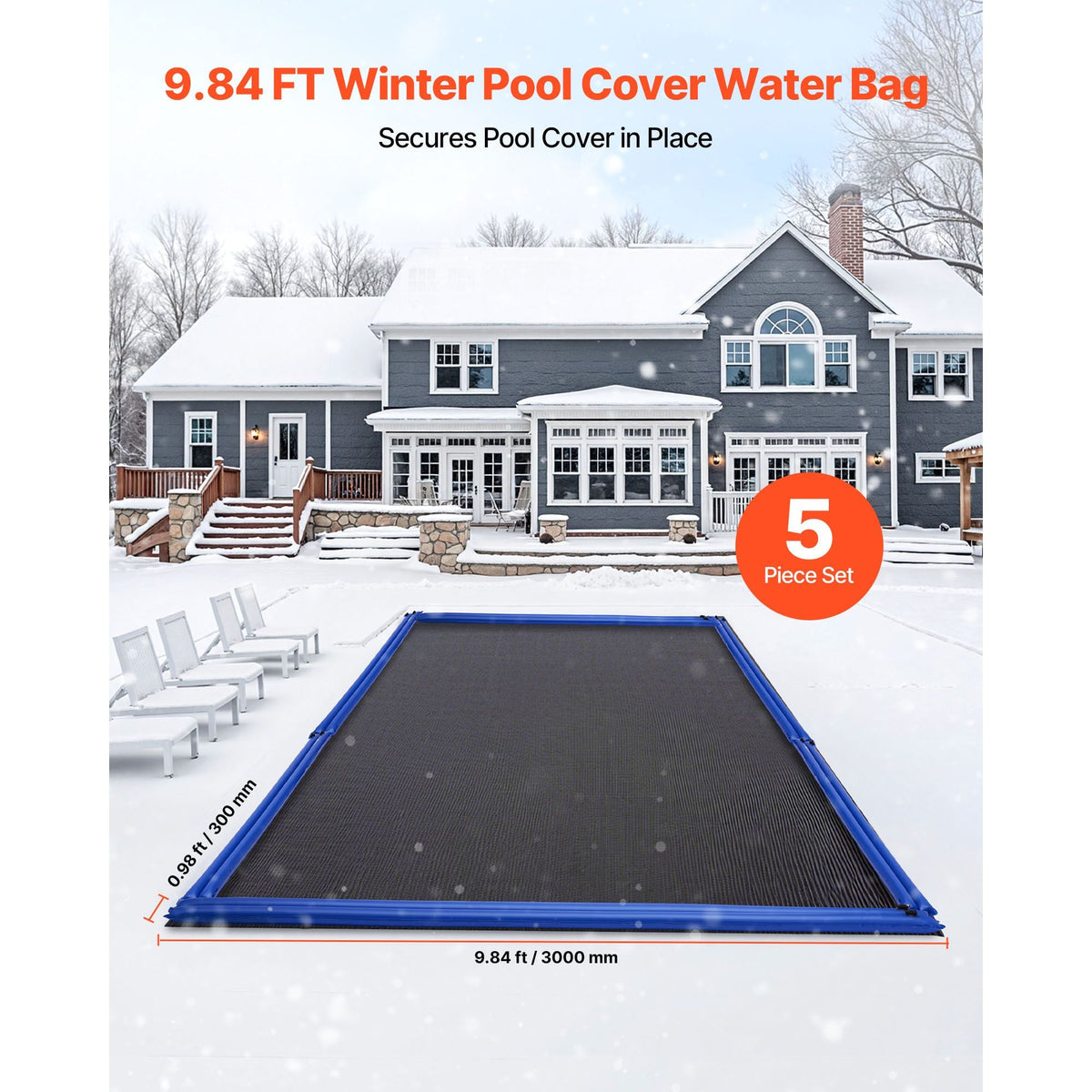 Pool Cover Water Bags, 5 Packs 10 Ft, Double Chamber Pool Cover Water Tubes, 0.4mm Thick PVC Bags Weights with Leakproof Screw Cap, for Inground Swimming-Pool Covers Winter Closing, Blue
