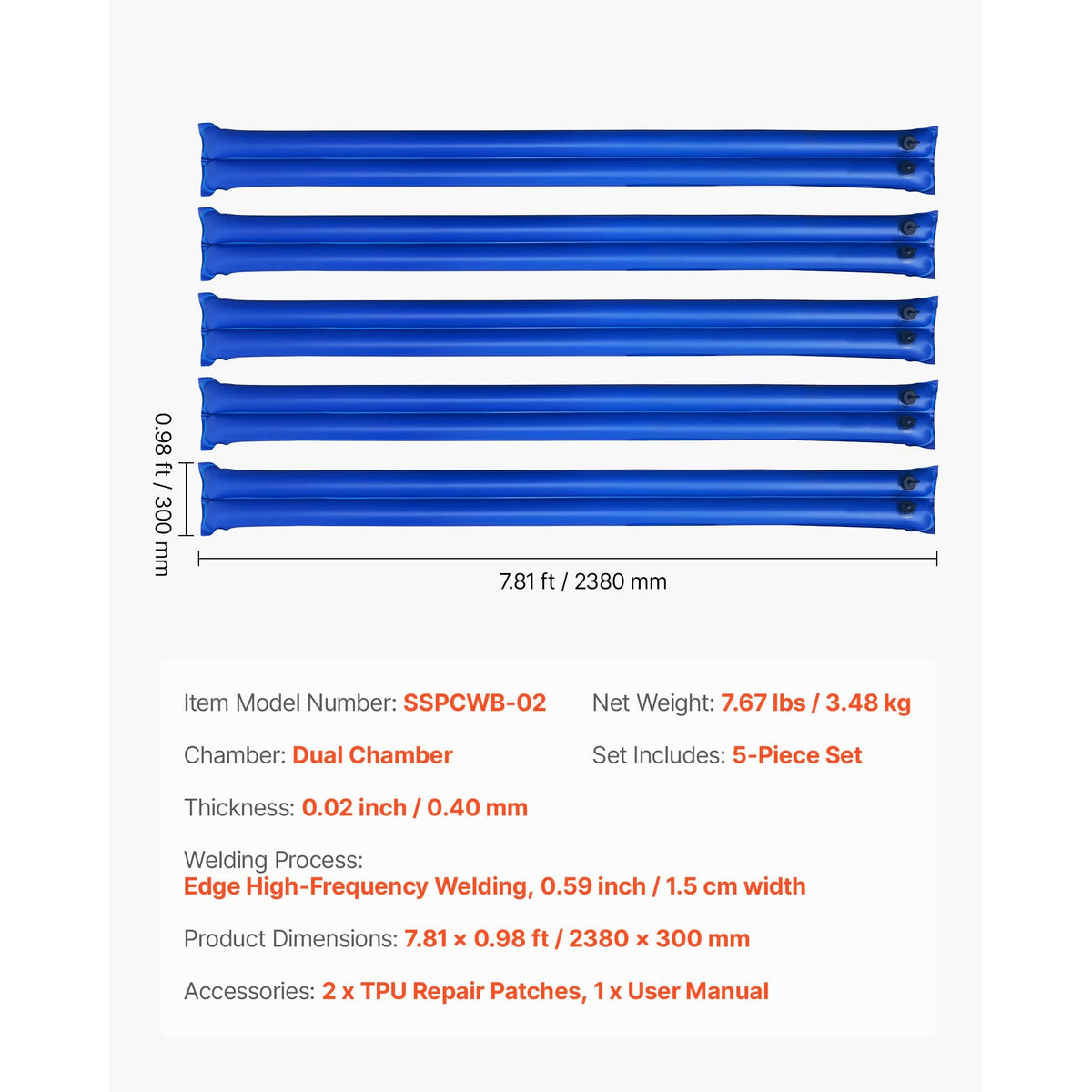 Pool Cover Water Bags, 5 Packs 8 Ft, Double Chamber Pool Cover Water Tubes, 0.4mm Thick PVC Bags Weights with Leakproof Screw Cap, for Inground Swimming-Pool Covers Winter Closing, Blue