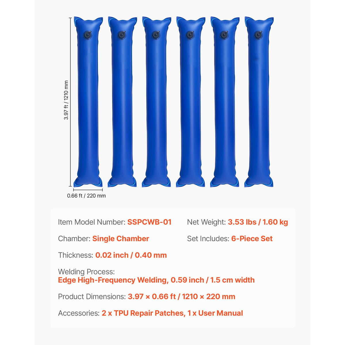 Pool Cover Water Bags, 6 Packs 4 Ft, Single Chamber Pool Cover Water Tubes, 0.4mm Thick PVC Bags Weights with Leakproof Screw Cap, for Inground Swimming-Pool Covers Winter Closing, Blue