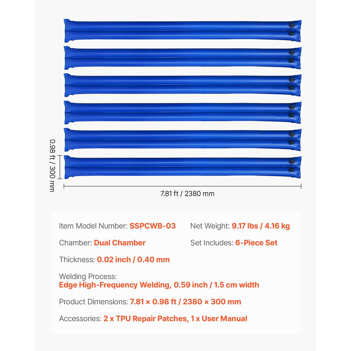 Pool Cover Water Bags, 6 Packs 8 Ft, Double Chamber Pool Cover Water Tubes, 0.4mm Thick PVC Bags Weights with Leakproof Screw Cap, for Inground Swimming-Pool Covers Winter Closing, Blue