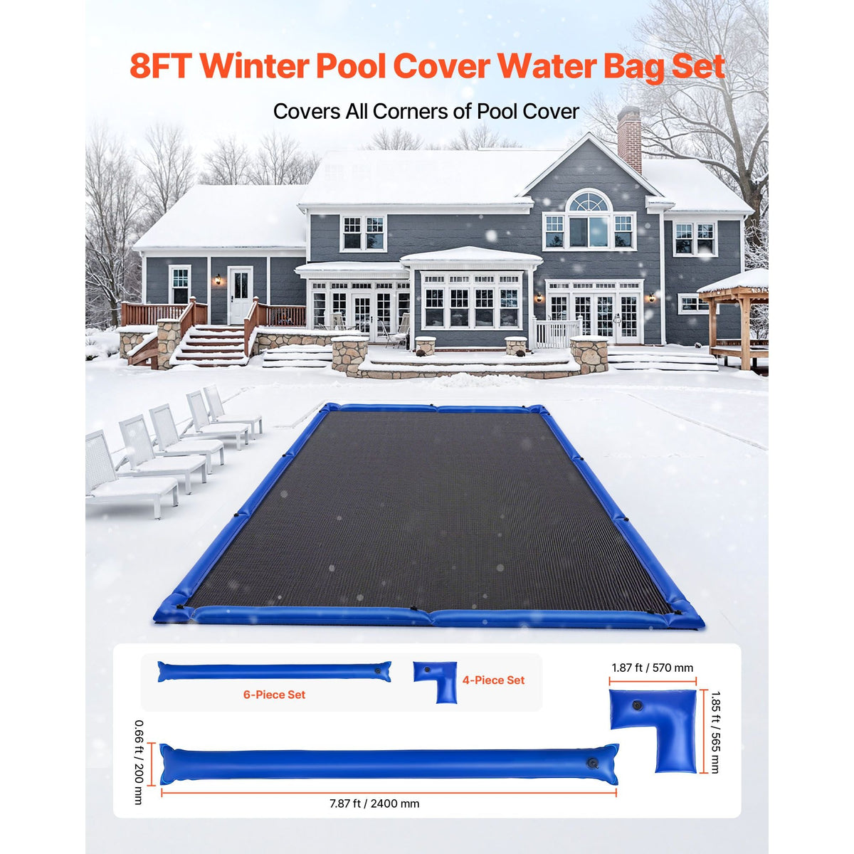 Pool Cover Water Bags Set, 6 Packs 8 Ft Single Chamber Pool Cover Water Bags & 4 Corner Tubes, 0.4mm Thick PVC Bag Weights with Leakproof Valve, for Winter Inground Swimming-Pool Covers