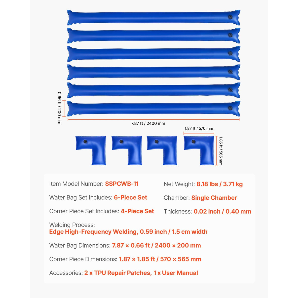 Pool Cover Water Bags Set, 6 Packs 8 Ft Single Chamber Pool Cover Water Bags & 4 Corner Tubes, 0.4mm Thick PVC Bag Weights with Leakproof Valve, for Winter Inground Swimming-Pool Covers
