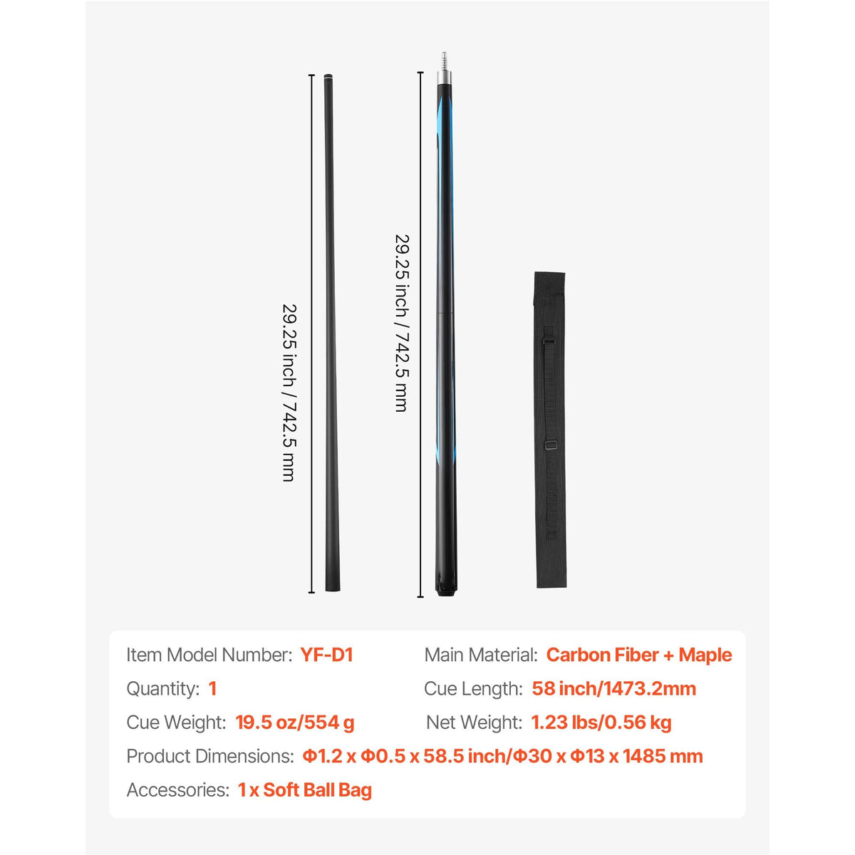 Pool Cue, 1 Piece Jump Break Cue, 58 inch & 19.5 oz Break Cues Pool Stick, Breaks Stick with Carbon Fiber Shaft & Maple Cues Butt, Heavy Hitter Breaks Jump Billiard Cue for Adult, Home, Office