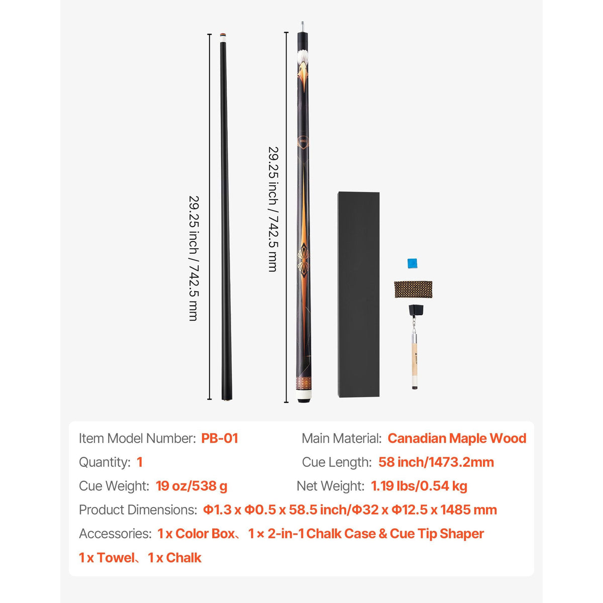 Pool Cue, 1 Piece Pool Stick, 58 inch & 19 oz Canadian Maple Wood Billiard Pools Cue Stick with Multi-Layer Tip & ABS Connection Ring, Cues Sticks for Professional Pool Table, Bar, Home, Office