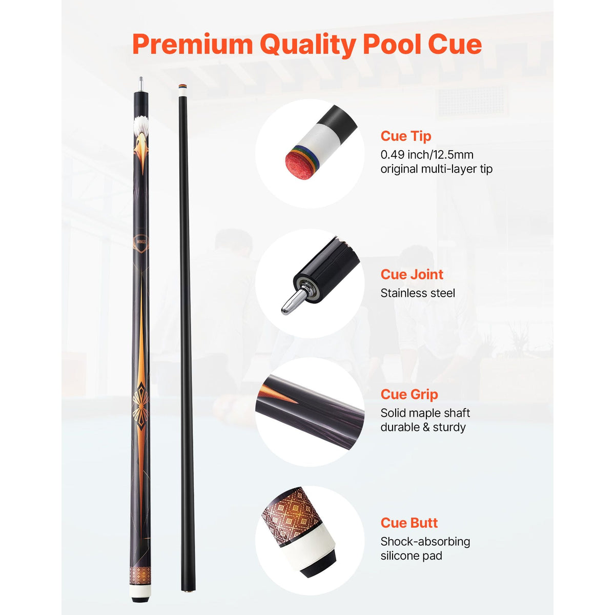 Pool Cue, 1 Piece Pool Stick, 58 inch & 19 oz Canadian Maple Wood Billiard Pools Cue Stick with Multi-Layer Tip & ABS Connection Ring, Cues Sticks for Professional Pool Table, Bar, Home, Office