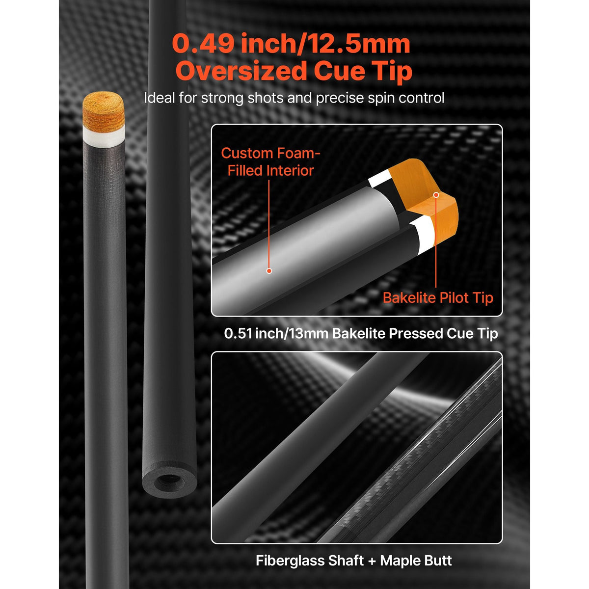 Pool Cue, 1 Piece Pool Stick, 58 inch & 19 oz Carbon Fiber Billiard Pools Cue Stick with Bakelite Pressed Cue Tip & ABS Connection Ring, Cues Sticks for Professional Pool Table, Bar, Home,Office