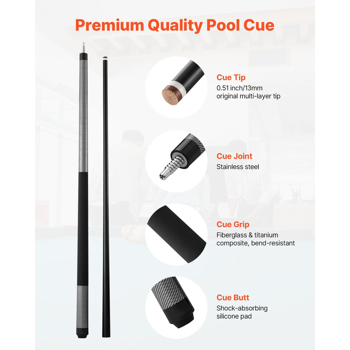 Pool Cue, 1 Piece Pool Stick, 58 inch & 21 oz Fiberglass Titanium Composite Billiard Pools Cue Stick with Multi-Layer Tip, Cues Sticks for Professional Pool Table, Bar, Home Pool Games, Office