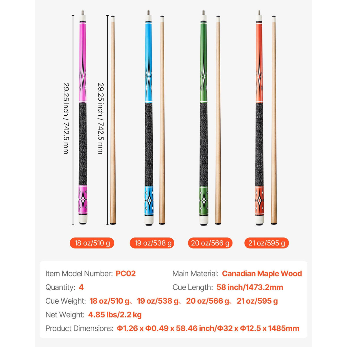 Pool Cue, 4 Pieces Pool Stick, 58 inch Canadian Maple Wood Billiard Pools Stick with ABS Connection Ring, Cues Sticks for Professional Pool Table, Bar, Home, Office, 18 oz, 19 oz, 20 oz, 21 oz