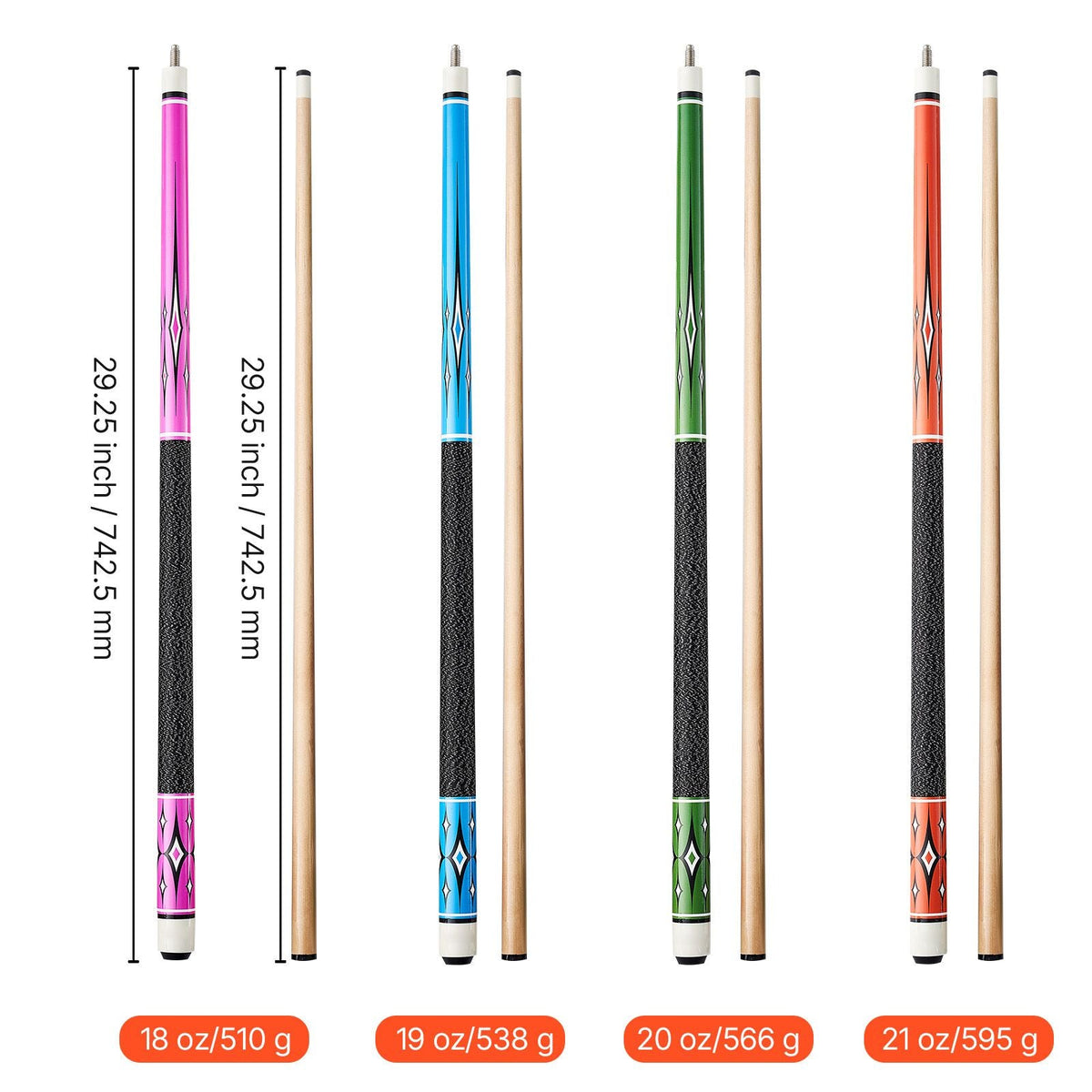 Pool Cue, 4 Pieces Pool Stick, 58 inch Canadian Maple Wood Billiard Pools Stick with ABS Connection Ring, Cues Sticks for Professional Pool Table, Bar, Home, Office, 18 oz, 19 oz, 20 oz, 21 oz