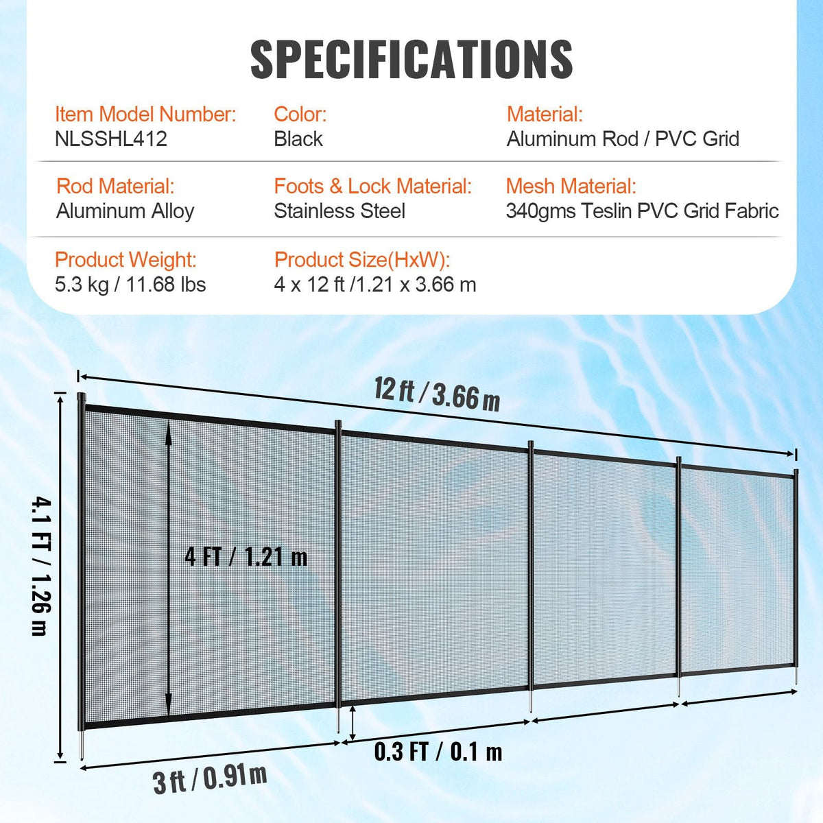 Pool Fence, 4 x 12 FT Pool Fences for Inground Pools, Removable Child Safety Pool Fencing, Easy DIY Installation Swimming Pool Fence, 340gms Teslin PVC Pool Fence Mesh Protects Kids and Pets