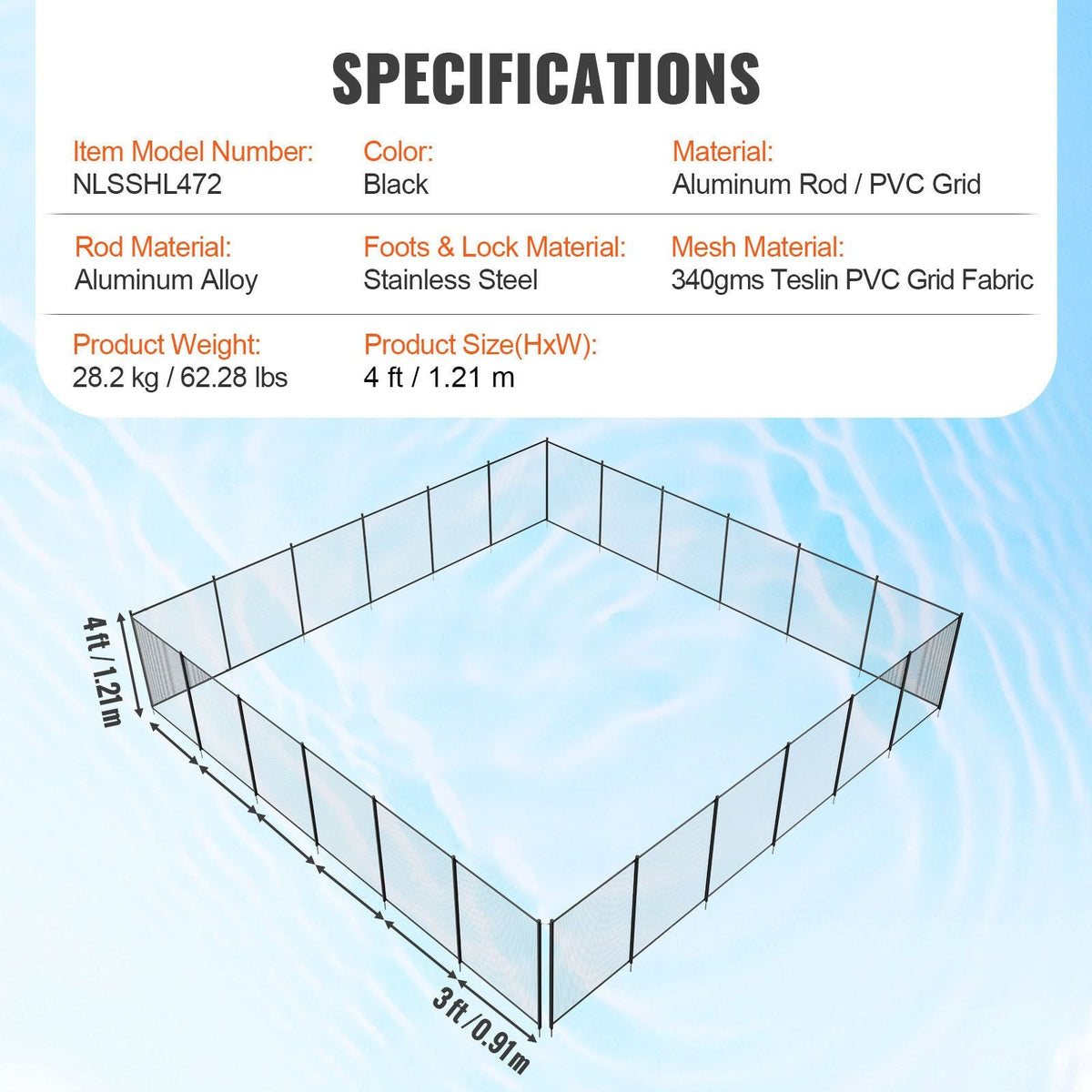 Pool Fence, 4 x 72 FT Pool Fences for Inground Pools, Removable Child Safety Pool Fencing, Easy DIY Installation Swimming Pool Fence, 340gms Teslin PVC Pool Fence Mesh Protects Kids and Pets