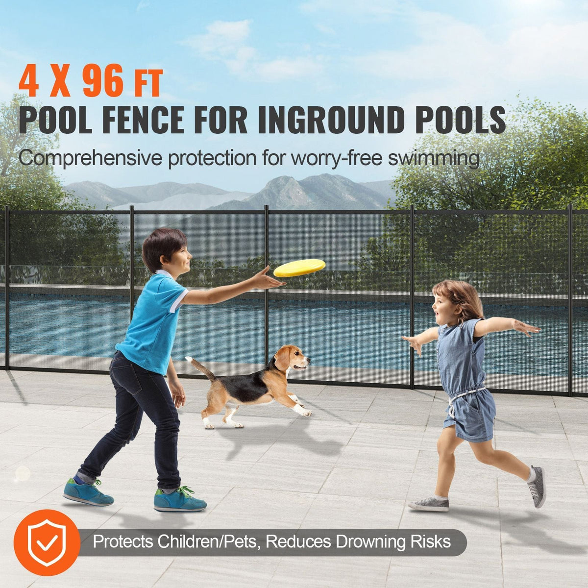 Pool Fence, 4 x 96 FT Pool Fences for Inground Pools, Removable Child Safety Pool Fencing, Easy DIY Installation Swimming Pool Fence, 340gms Teslin PVC Pool Fence Mesh Protects Kids and Pets