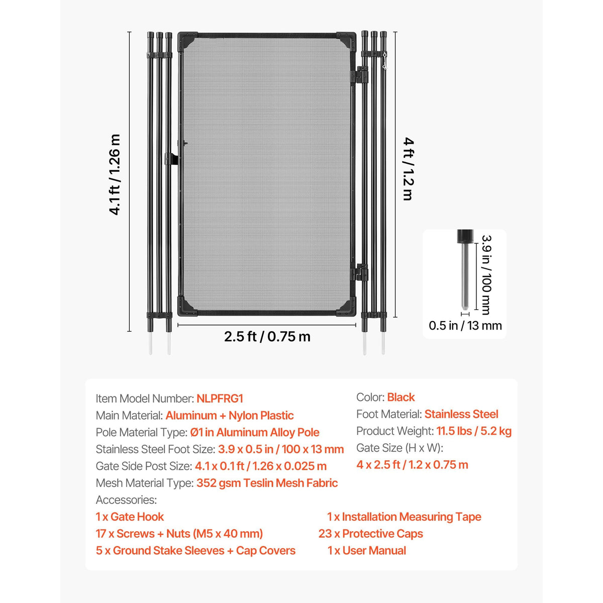 Pool Fence Gate, 4 x 2.5 ft Inground Swimming Pool Fences Gate, Outdoor Security Fencing Door Kit with Metal Latch, 352 gsm Teslin PVC Mesh, Round Tube, Lockable and Easy Installation, Black