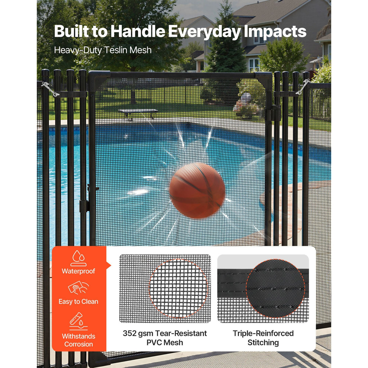 Pool Fence Gate, 4 x 2.5 ft Inground Swimming Pool Fences Gate, Outdoor Security Fencing Door Kit with Metal Latch, 352 gsm Teslin PVC Mesh, Round Tube, Lockable and Easy Installation, Black