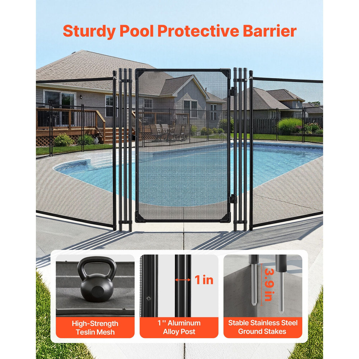 Pool Fence Gate, 4 x 2.5 ft Inground Swimming Pool Fences Gate, Outdoor Security Fencing Door Kit with Metal Latch, 352 gsm Teslin PVC Mesh, Round Tube, Lockable and Easy Installation, Black