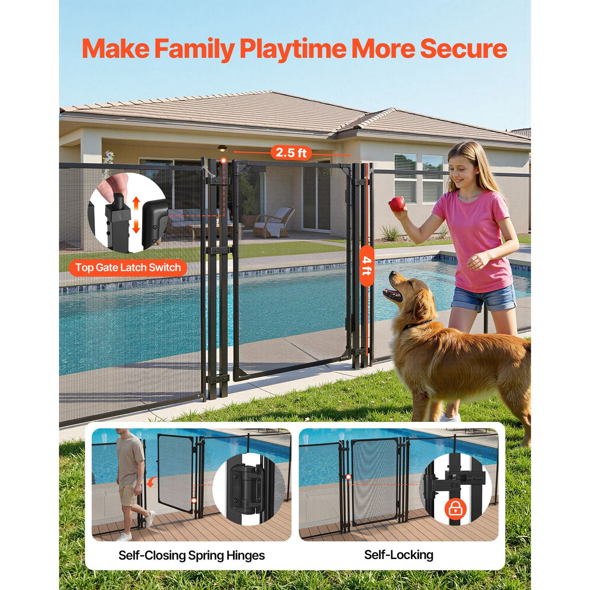 Pool Fence Gate, 4 x 2.5 ft Inground Swimming Pool Fences Gate, Outdoor Security Fencing Door Kit with Self-Closing and Self-Locking Design, 352 gsm Teslin PVC Mesh, Easy Installation, Black