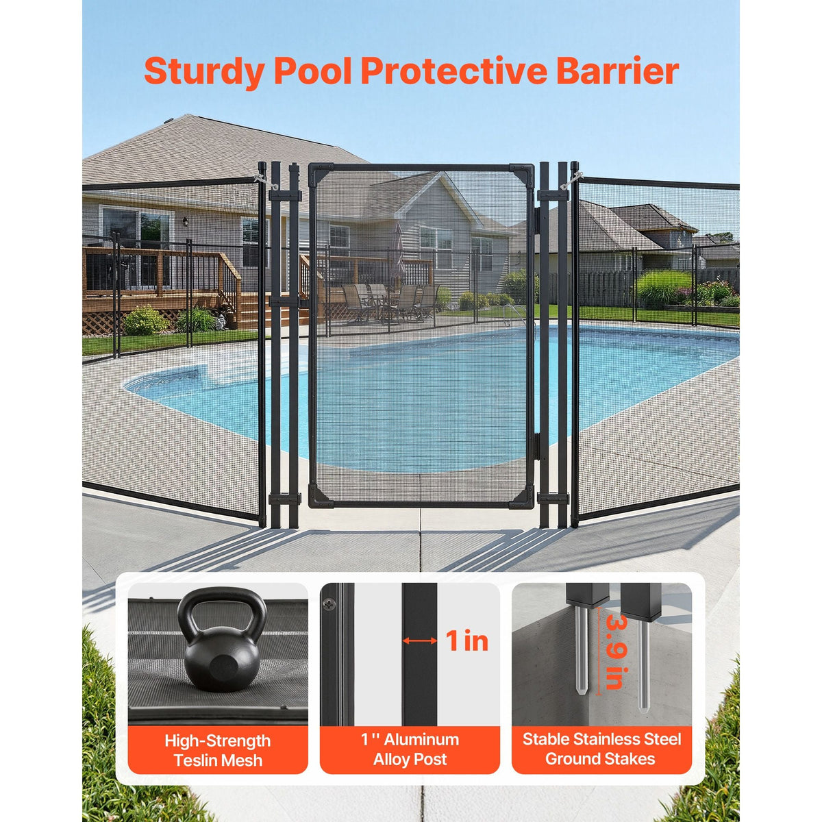 Pool Fence Gate, 4 x 2.5 ft Inground Swimming Pool Fences Gate, Outdoor Security Fencing Door Kit with Self-Closing and Self-Locking Design, 352 gsm Teslin PVC Mesh, Easy Installation, Black