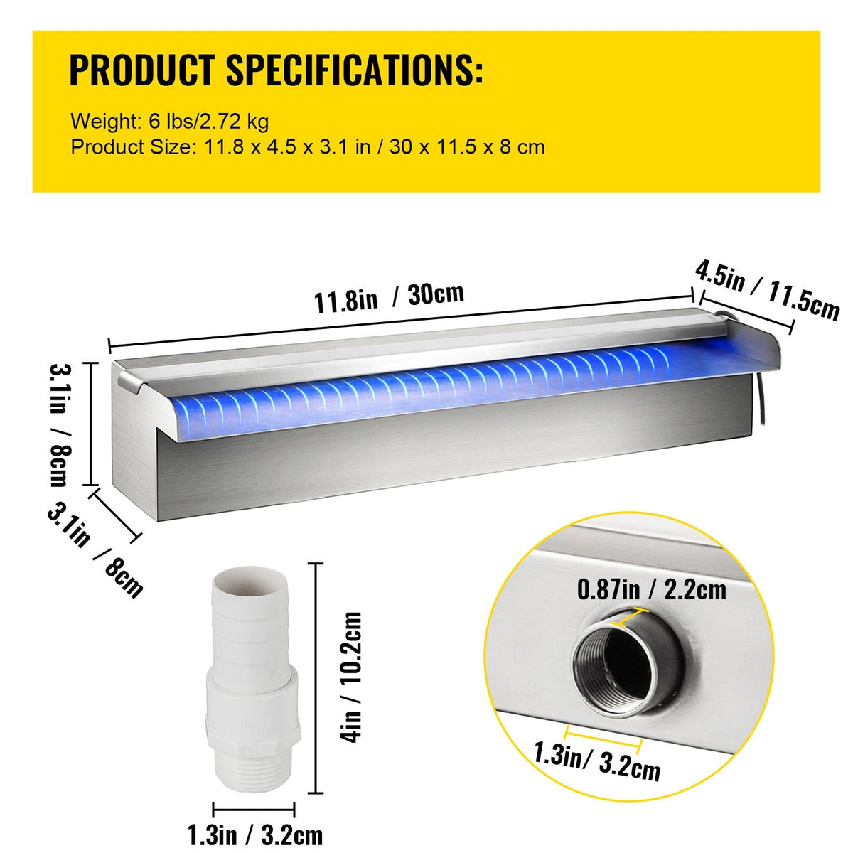 Pool Fountain Stainless Steel Pool Waterfall 11.8\" x 4.5\" x 3.1\"(W x D x H) with LED Strip Light Waterfall Spillway with Pipe Connector Rectangular Garden Outdoor