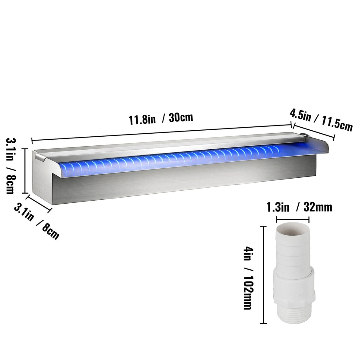 Pool Fountain Stainless Steel Pool Waterfall 11.8\" x 4.5\" x 3.1\"(W x D x H) with LED Strip Light Waterfall Spillway with Pipe Connector Rectangular Garden Outdoor