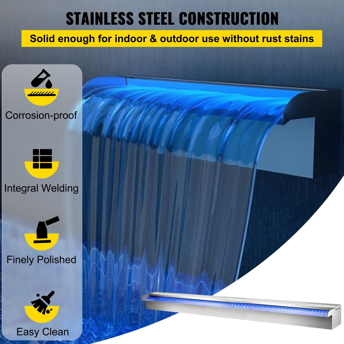 Pool Fountain Stainless Steel Pool Waterfall 35.4\" x 4.5\" x 3.1\"(W x D x H) with LED Strip Light Waterfall Spillway with Pipe Connector Rectangular Garden Outdoor