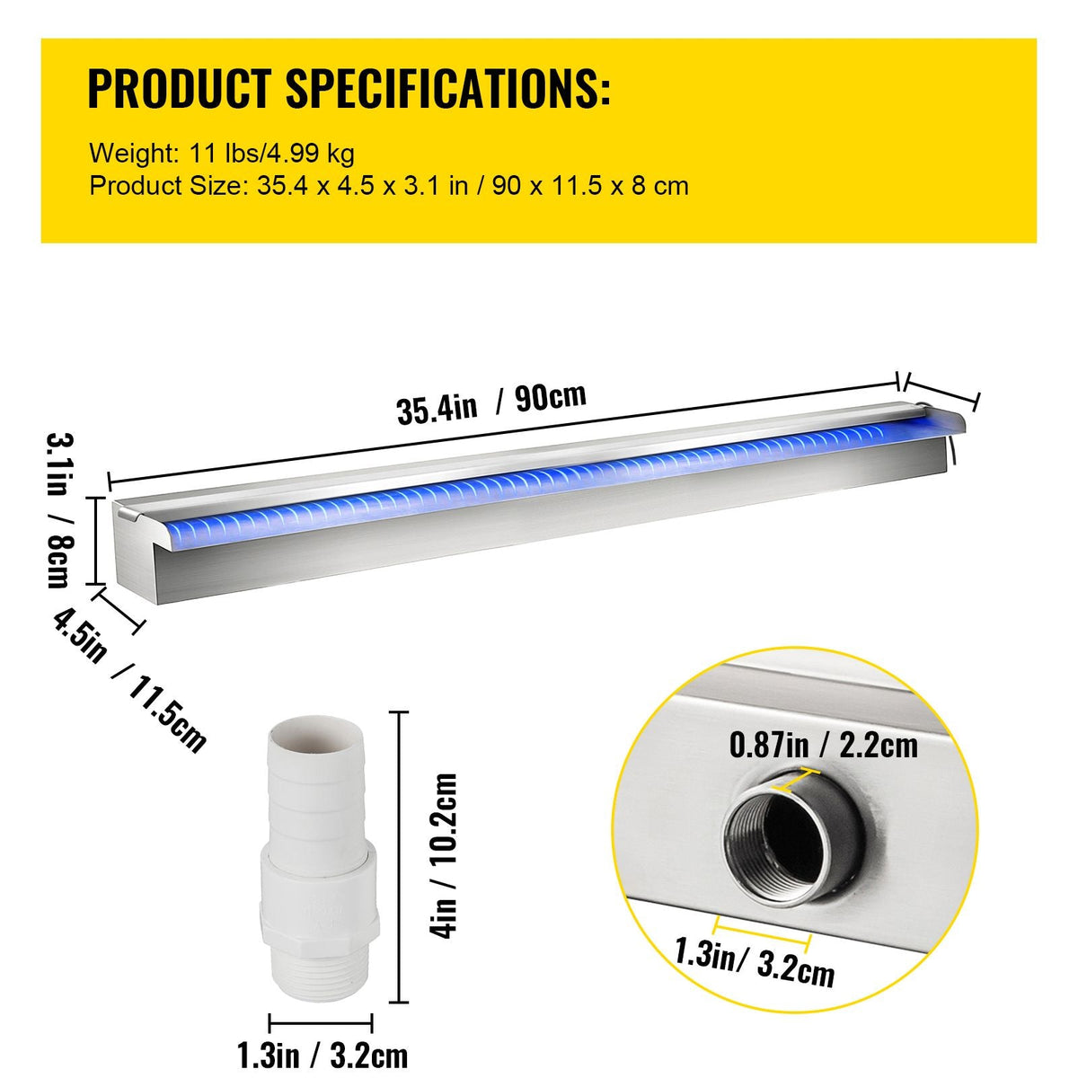 Pool Fountain Stainless Steel Pool Waterfall 35.4\" x 4.5\" x 3.1\"(W x D x H) with LED Strip Light Waterfall Spillway with Pipe Connector Rectangular Garden Outdoor