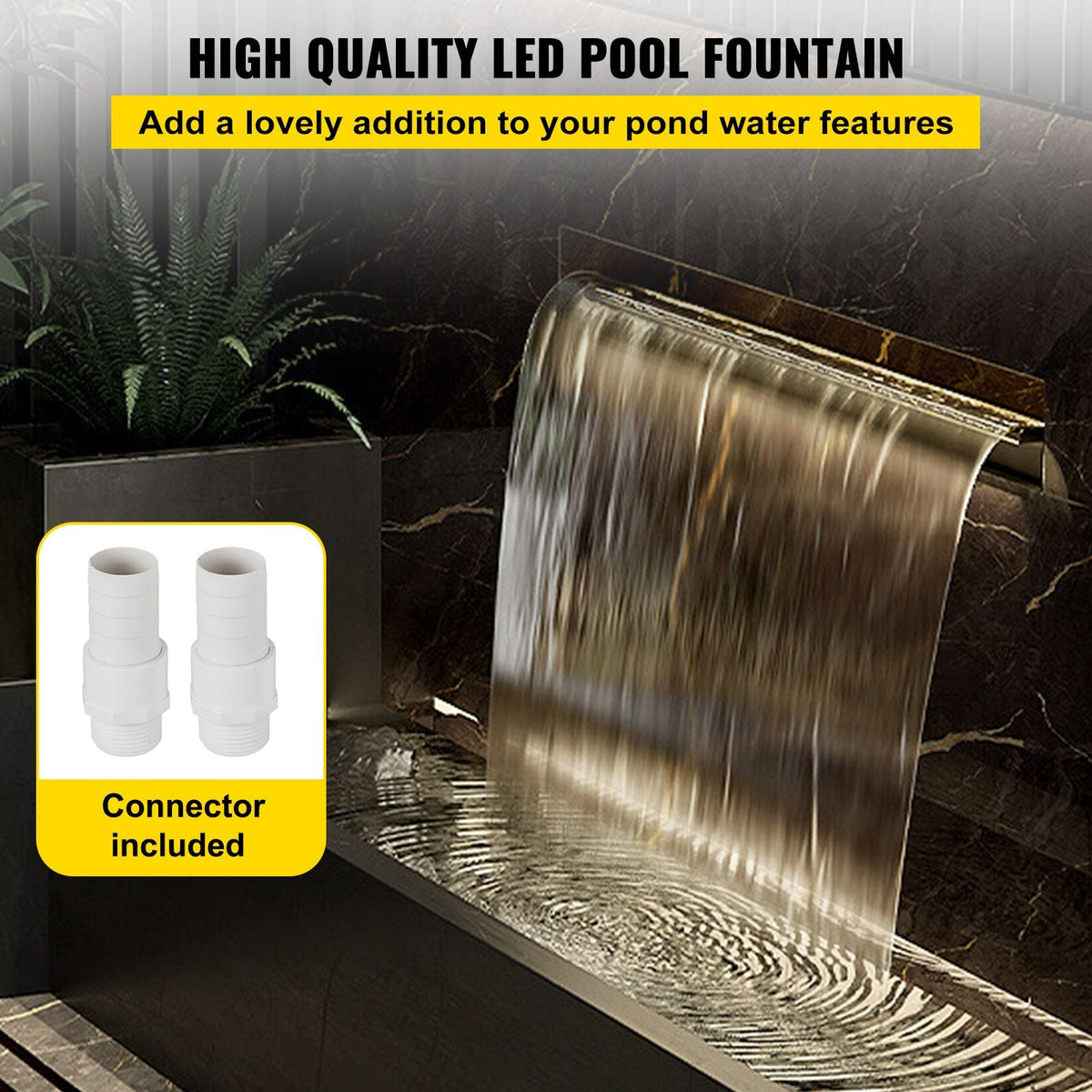 Pool Fountain Stainless Steel Pool Waterfall 35.4\" x 4.5\" x 3.1\"(W x D x H) with LED Strip Light Waterfall Spillway with Pipe Connector Rectangular Garden Outdoor