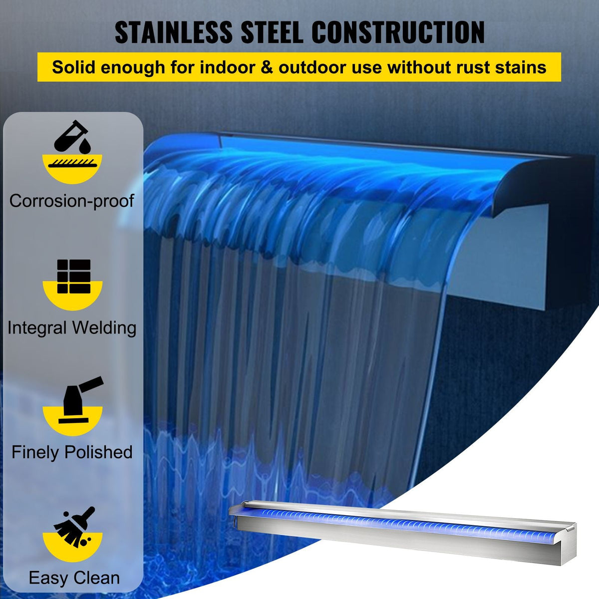 Pool Fountain Stainless Steel Pool Waterfall 59.4\" x 4.5\" x 3.1\"(W x D x H) with LED Strip Light Waterfall Spillway Rectangular Garden Outdoor