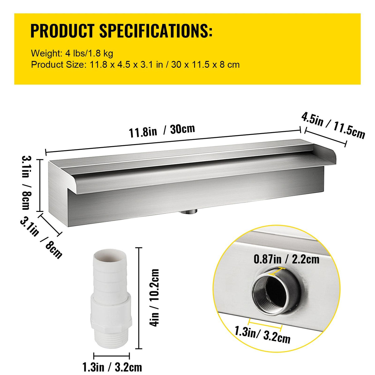 Pool Fountain Stainless Steel Pool Waterfall Spillway with Pipe Connector Rectangular Garden Outdoor (11.8\")