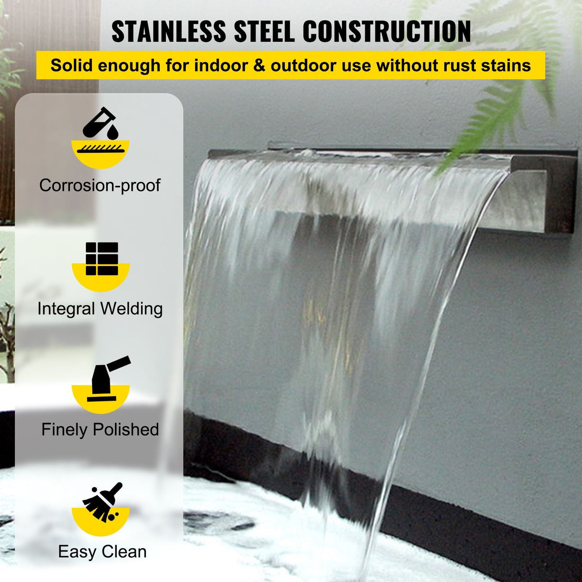 Pool Fountain Stainless Steel Pool Waterfall Spillway with Pipe Connector Rectangular Garden Outdoor (17.7\")
