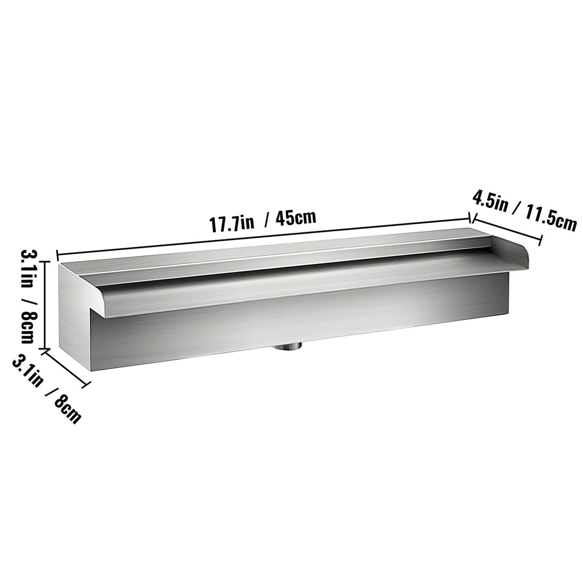 Pool Fountain Stainless Steel Pool Waterfall Spillway with Pipe Connector Rectangular Garden Outdoor (17.7\")
