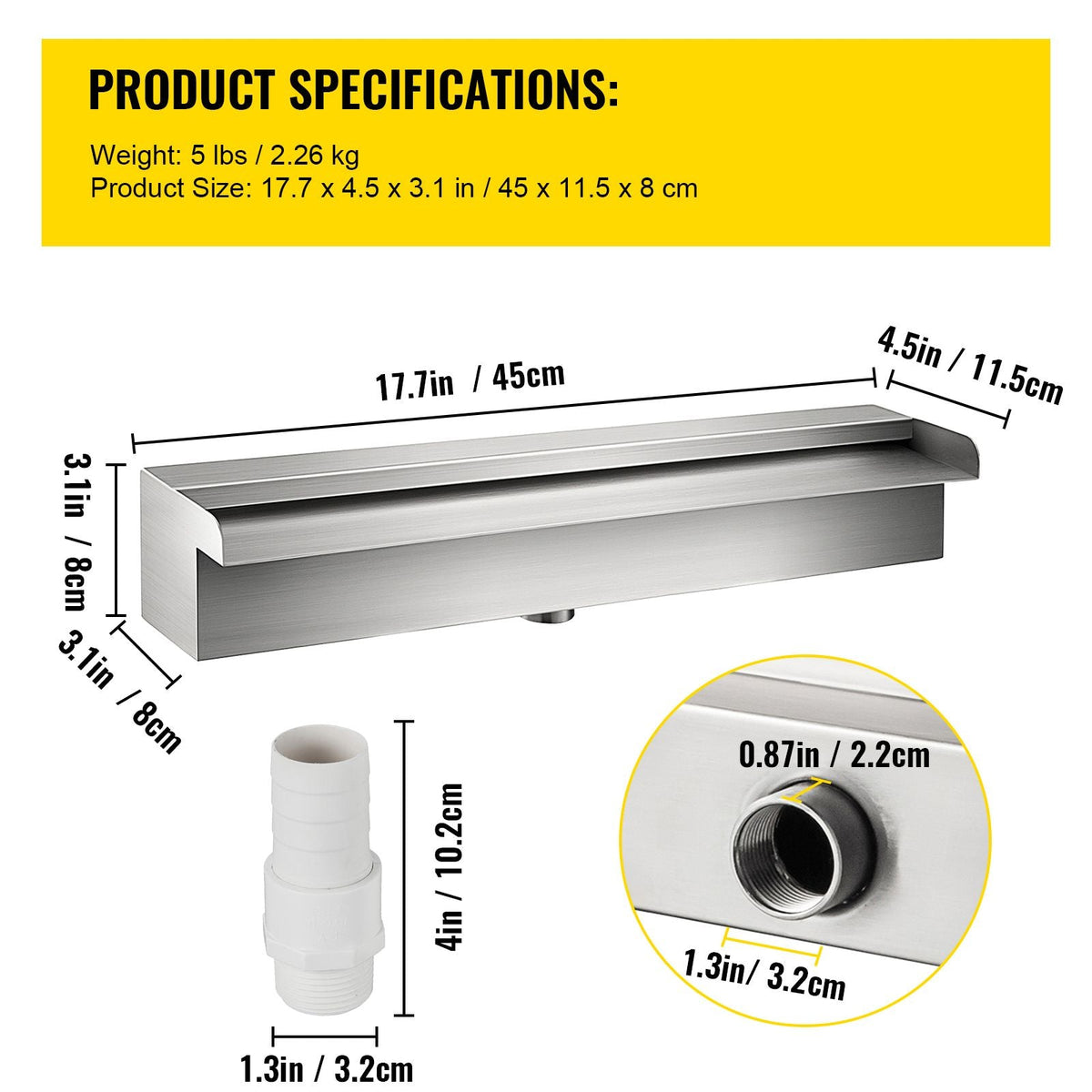 Pool Fountain Stainless Steel Pool Waterfall Spillway with Pipe Connector Rectangular Garden Outdoor (17.7\")
