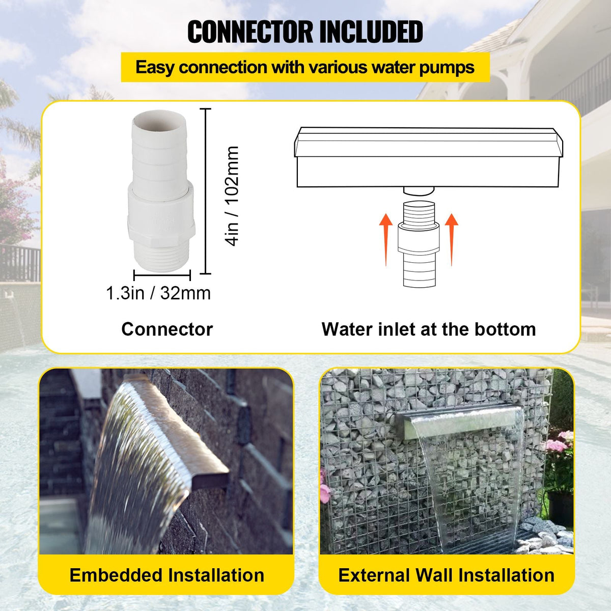 Pool Fountain Stainless Steel Pool Waterfall Spillway with Pipe Connector Rectangular Garden Outdoor (17.7\")