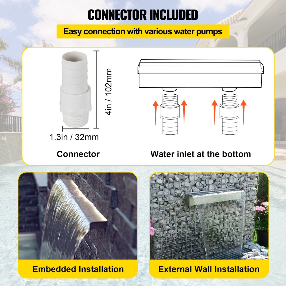 Pool Fountain Stainless Steel Pool Waterfall Spillway with Pipe Connector Rectangular Garden Outdoor (59.1\")