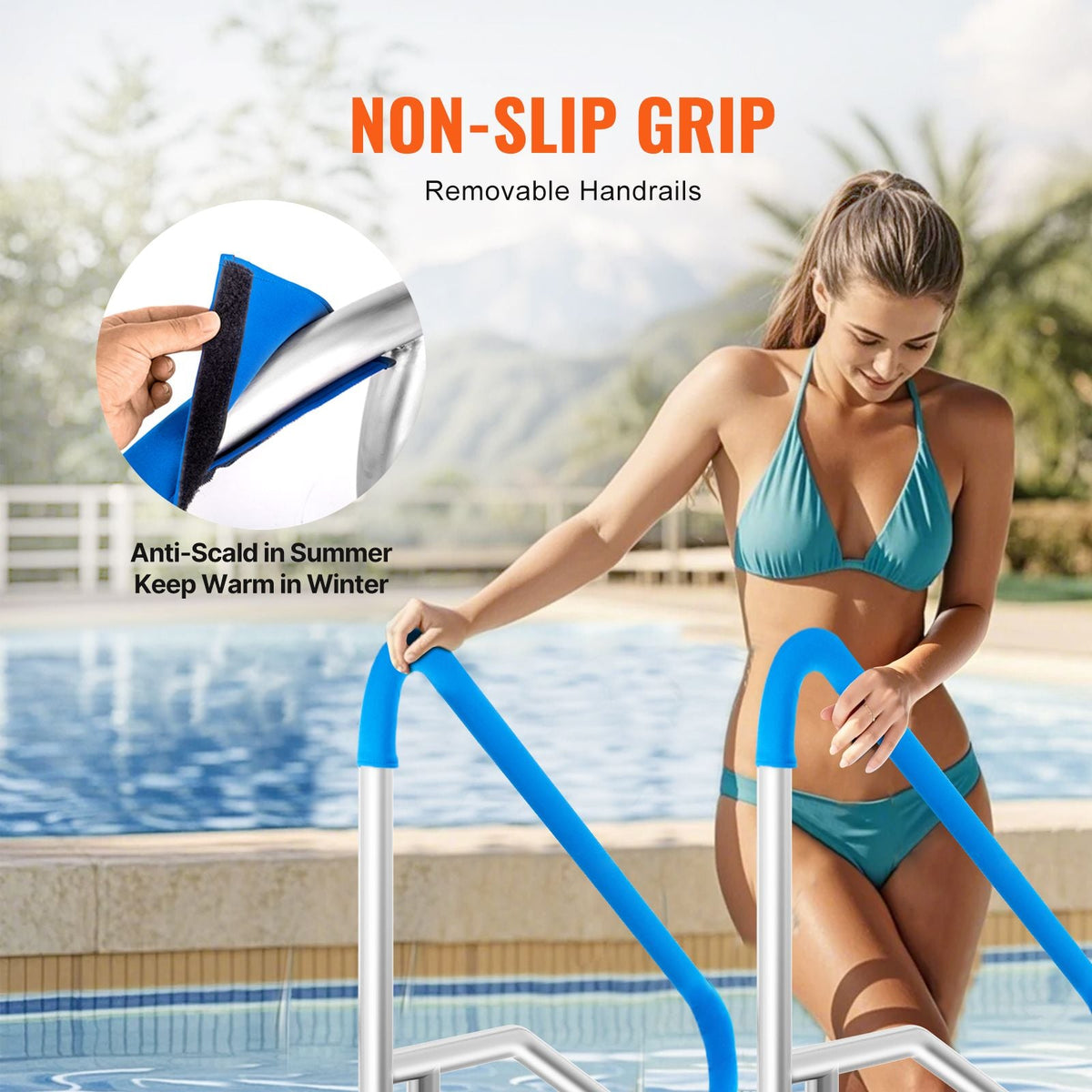 Pool Handrail, 2 PCS 55 x 32 inch Pool Railing, Stainless Steel with Base Plate for Indoor/Outdoor Pools,Swimming Pool Railing for Decks,Rust-Proof Grab Bar w/ Grip Cover&Accessories for Spas