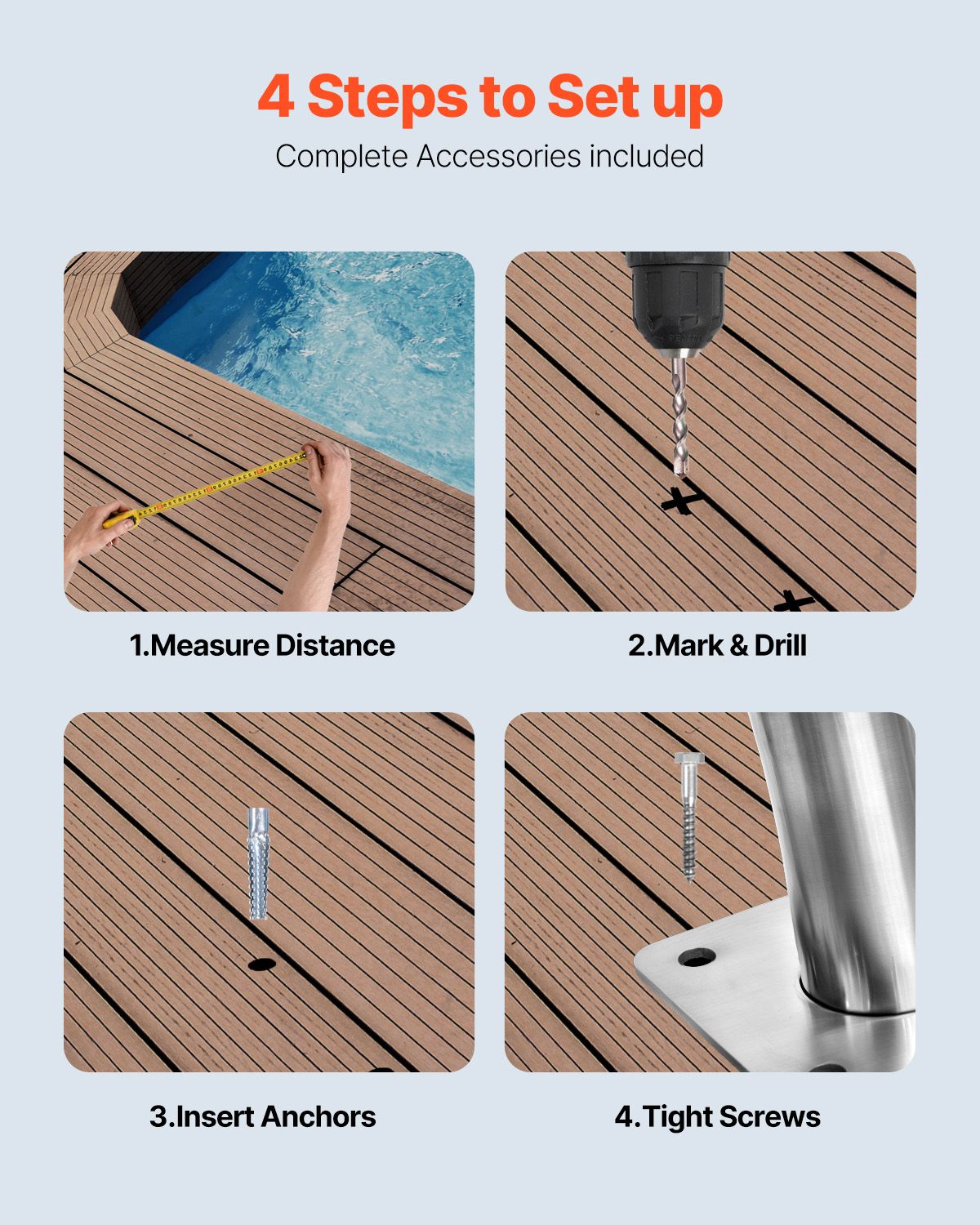 Pool Handrail, 2Pack 30\"x30\" Swimming Pool Stair Rail, 304 Stainless Steel Stair Pool Hand Rail Rated 375lbs Load Capacity, Pool Rail with Quick Mount Base Plate, and Complete Mounting Accesso
